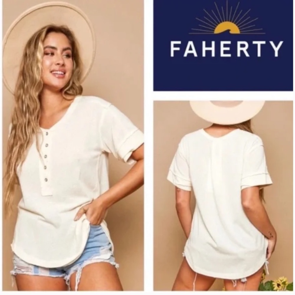 FAHERTY Allandria Henley Tee Off White Short Sleeve Organic Cotton Hemp NEW XS